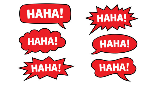 Red comic speech bubbles with haha text on a white background