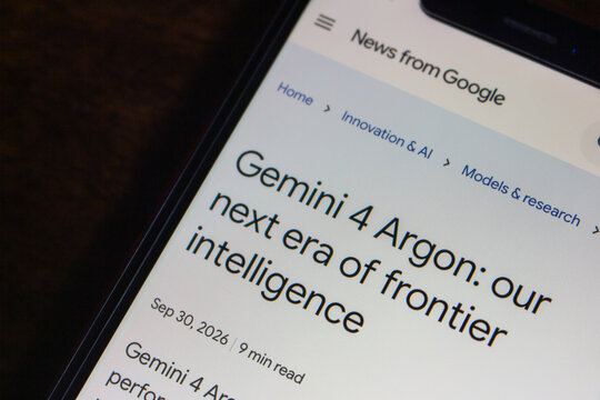 Quetzaltenango, GUATEMALA - Oct 5 2026 : Close-up of a smartphone screen showing a News from Google article, titled &ldquo;Gemini 4 Argon: our next era of frontier intelligence.&rdquo;