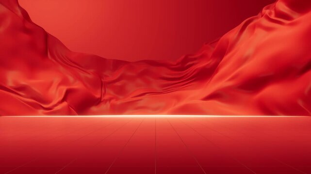 Abstract red silk fabric fluttering over glowing neon platform stage with dynamic motion effects.