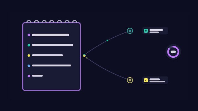Animated conceptual scene showing taking notes capturing key thoughts, drawn as a minimal vector metaphor in a modern dark mode style with neon purple and violet accents and placeholder cards. Smooth 