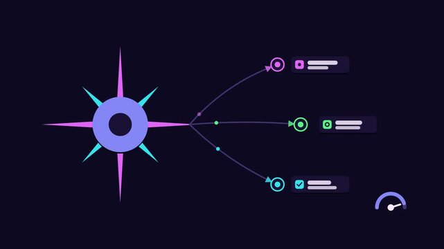 Animated conceptual scene showing inspiration source sparks three ideas, drawn as a minimal vector metaphor in a modern dark mode style with neon blue and azure accents and placeholder cards. Smooth 4