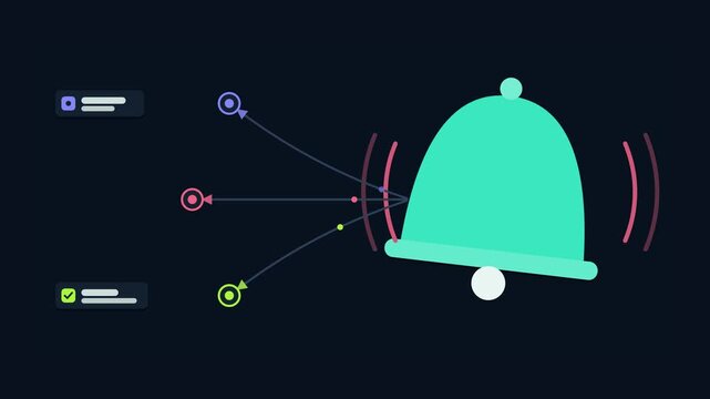 Seamless 4K looping animation of an abstract business metaphor: emergency response alarm triggering actions. Flat vector shapes, glowing teal and turquoise details and dark interface cards with blank 