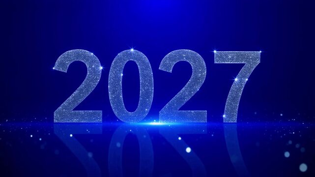 A shimmering 2027 text animation with sparkling glitter on a reflective blue background, perfect for new year and future-themed content.