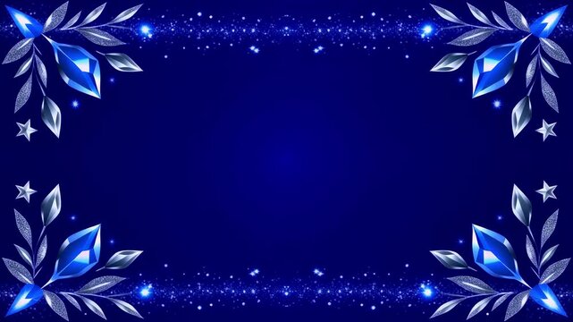 A luxurious dark blue animated background featuring glittering particles and ornate silver and blue crystal corner designs.