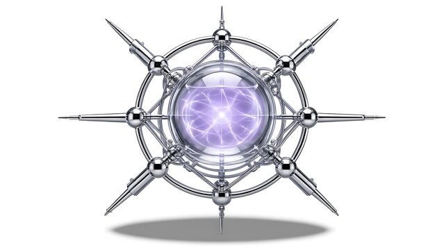 Futuristic silver magic amulet with glowing purple energy core, mystical sci-fi fantasy artifact, metallic starburst talisman for game UI design