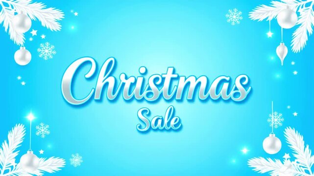 A vibrant animated Christmas Sale background featuring elegant white ornaments, snowflakes, and glowing stars.