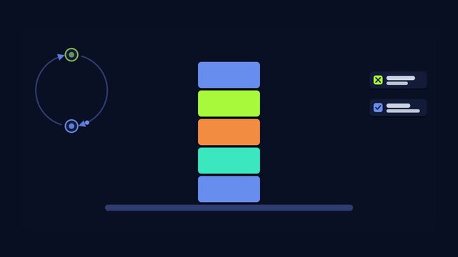 Animated conceptual scene showing starting over rebuilding from scratch, drawn as a minimal vector metaphor in a modern dark mode style with neon blue and azure accents and placeholder cards. Smooth 4