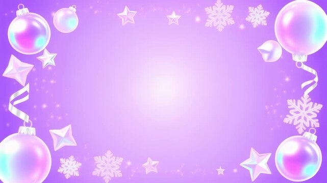 An animated festive frame featuring iridescent Christmas ornaments, stars, and snowflakes on a soft purple background. Ideal for holiday greetings, winter celebrations, and magical event backdrops.