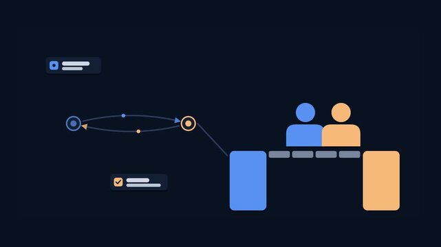 Animated conceptual scene showing making a concession meeting halfway, drawn as a minimal vector metaphor in a modern dark mode style with neon blue and azure accents and placeholder cards. Smooth 4K 