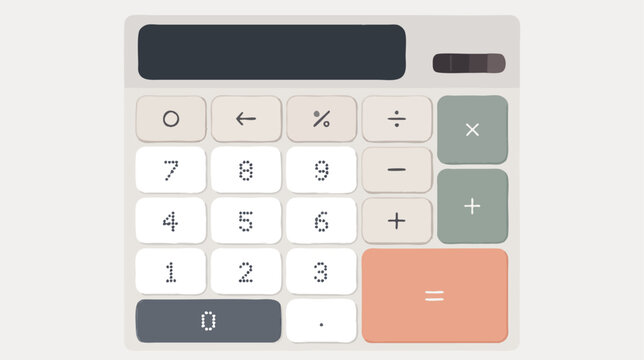 Flat desktop calculator keypad with a dark display, digits zero to nine, operator keys and a coral equals button on a light grey panel, flat vector illustration about accounting and math