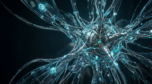 Neuron network technology digital abstract of glass membranes and chrome pathways glowing in a dark void for futuristic science concepts