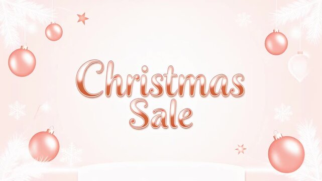 Animated Christmas sale background featuring rose gold ornaments, snowflakes, and festive decorations on a soft pink backdrop. Ideal for holiday promotions and seasonal greetings.
