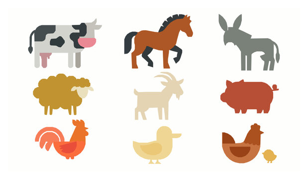 Modern Geometric Farm Animals Vector Set with Minimalist Flat Color Characters
