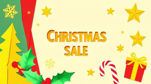 Animated Christmas Sale banner with festive paper cut decorations. Ideal for seasonal promotions and holiday marketing.