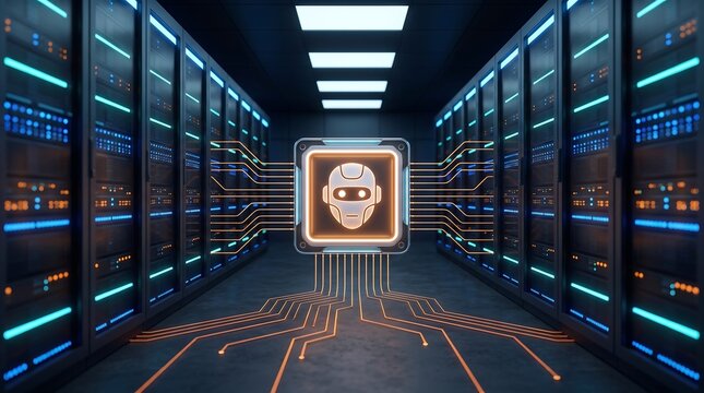 Digital technology robot head icon on central processing unit chip floating inside dark data center server room with glowing orange circuit pathways for artificial intelligence