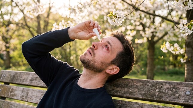 Man With Hay Fever Putting Eye Drops Into Red Itchy Eyes Outdoors