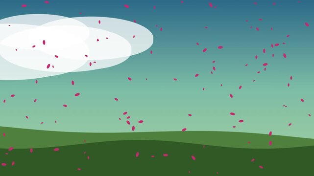Animated spring landscape vector background with falling pink cherry blossom flower petals and cloud