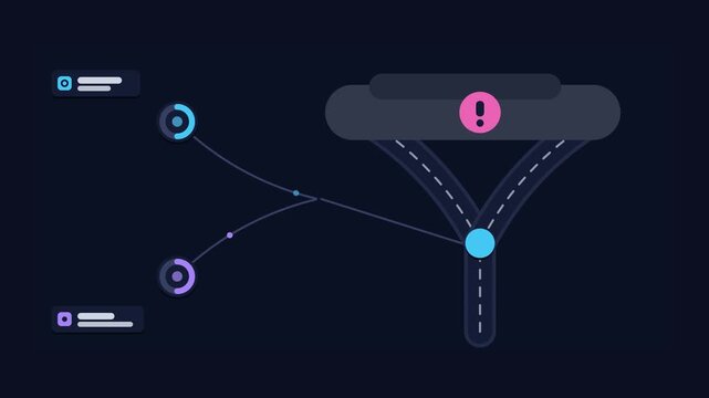 Seamless 4K looping animation of an abstract business metaphor: uncertainty ahead foggy branching path. Flat vector shapes, glowing blue and azure details and dark interface cards with blank text plac