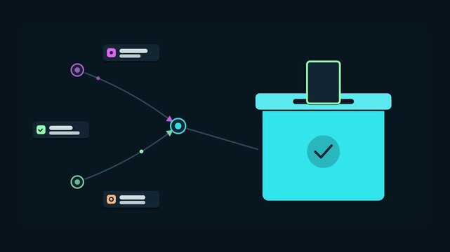 Seamless 4K looping animation of an abstract business metaphor: collective decision ballot box voting. Flat vector shapes, glowing teal and turquoise details and dark interface cards with blank text p