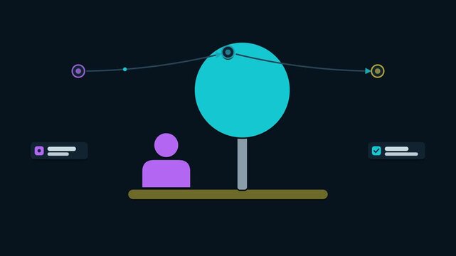 Animated conceptual scene showing leaving a legacy planting tree, drawn as a minimal vector metaphor in a modern dark mode style with neon teal and turquoise accents and placeholder cards. Smooth 4K s