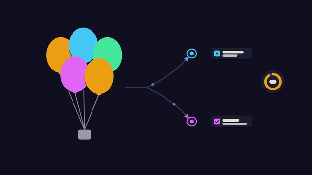 Animated conceptual scene showing celebrating together balloons rising up, drawn as a minimal vector metaphor in a modern dark mode style with neon bright green accents and placeholder cards. Smooth 4