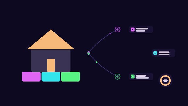 Seamless 4K looping animation of an abstract business metaphor: shared values common foundation stone. Flat vector shapes, glowing blue and azure details and dark interface cards with blank text place