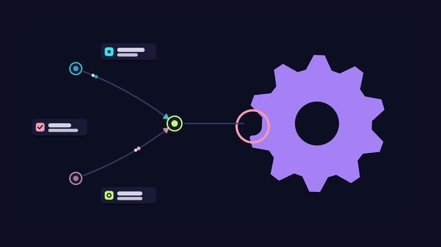 Seamless 4K looping animation of an abstract business metaphor: identifying the problem spotting fault. Flat vector shapes, glowing purple and violet details and dark interface cards with blank text p