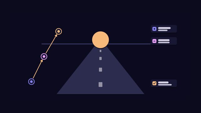 Seamless 4K looping animation of an abstract business metaphor: long term thinking distant horizon. Flat vector shapes, glowing blue and azure details and dark interface cards with blank text placehol
