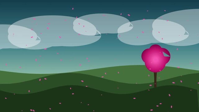 animated spring landscape with pink cherry blossom tree and falling petals in vector graphic style