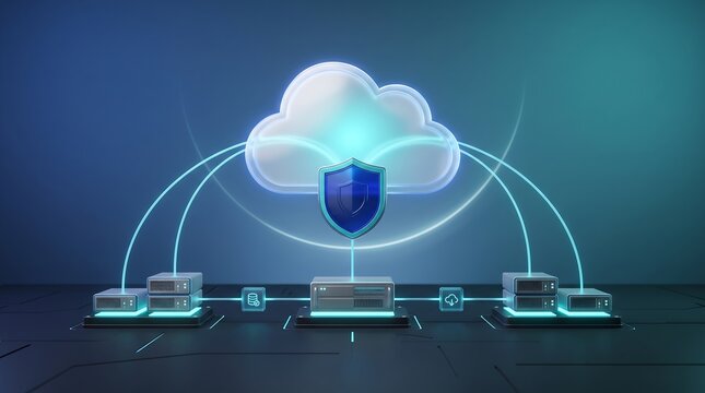 Secure cloud computing data protection concept with glowing shield icon protecting server hardware connected by digital network lines on dark background for cybersecurity theme