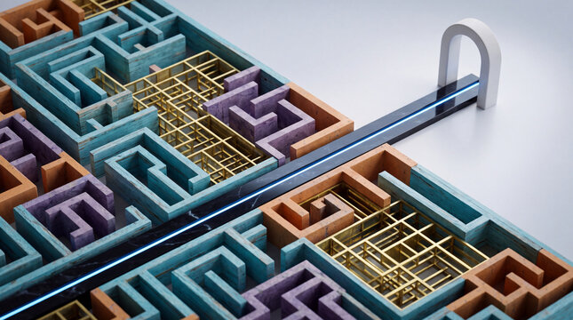 Complex maze with a clear pathway through, representing problem solving, strategy, and finding solutions
