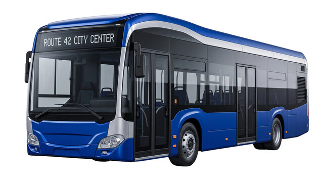 Modern blue city bus for public transportation, sleek urban transit bus vehicle, passenger coach for city travel isolated PNG with Transparent Background