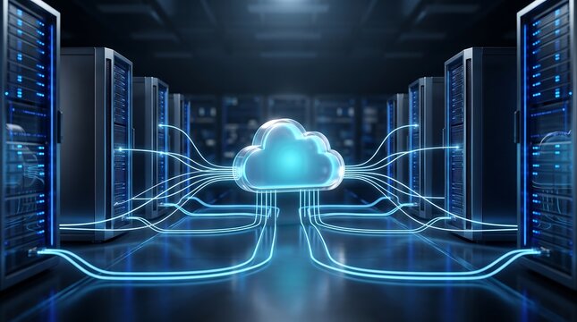 Data center server room with glowing cloud computing icon symbolizing high speed digital technology infrastructure for secure storage and cloud network connectivity in server architecture