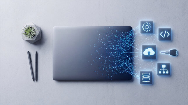 Laptop glowing with digital data streams and cloud computing icons, representing technology and data transfer, cybersecurity, and digital transformation