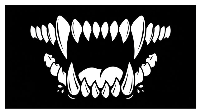 Graphic design of a stylized monster mouth with sharp teeth and fangs on black background