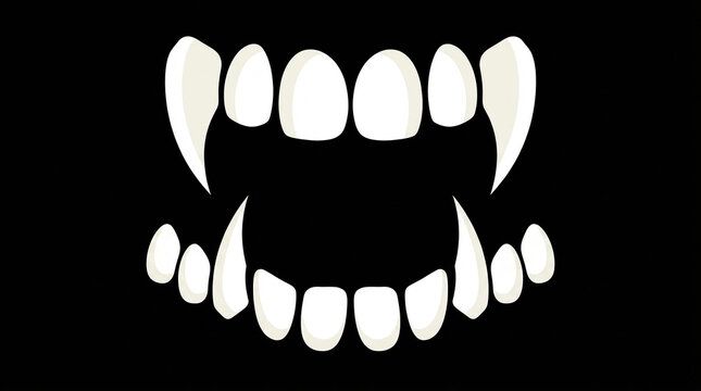 Graphic illustration of vampire fangs and teeth set against black background for horror or Halloween design