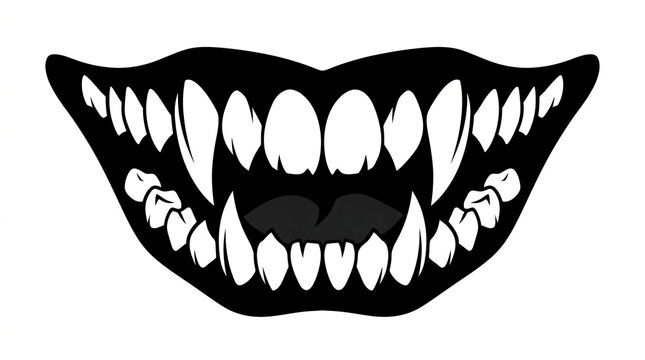 Graphic illustration of a wide open mouth with sharp teeth and fangs, suitable for horror, fantasy or Halloween designs