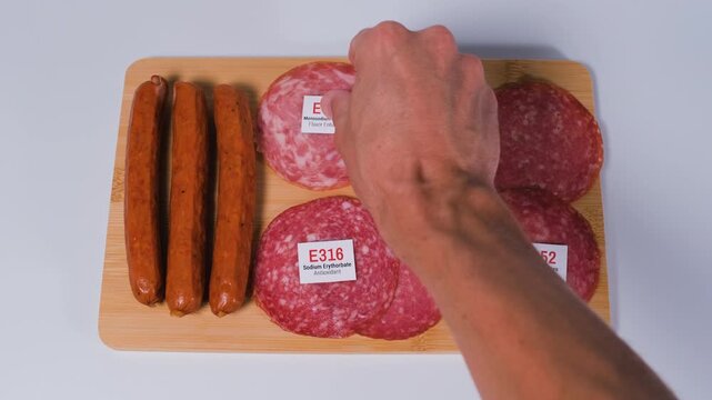 Hand labening sausages and processed meat with signs E250 sodium nitrite, E451 sodium tripolyphosphate, E452 polyphosphates, E316 sodium erythorbate, E120 carmine and E621 monosodium glutamate