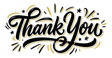 Bold Thank You Sticker Typography with Black Brush Lettering and Gold Shadow © galih