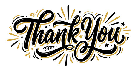 Bold Thank You Sticker Typography with Black Brush Lettering and Gold Shadow © galih