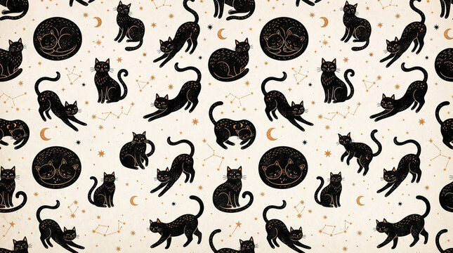 Seamless repeating pattern of elegant black cats in different playful poses, curled sleeping cats, sitting cats and stretching cats 