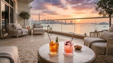 Fototapeta premium Luxury balcony terrace overlooking the Dubai skyline at sunset with refreshing cocktails