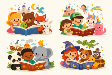 Obraz premium Four cartoon scenes of children and animals reading storybooks with a dragon, castle, unicorn, bear, fox, panda, elephant and witch on a cream background, about children's love of reading
