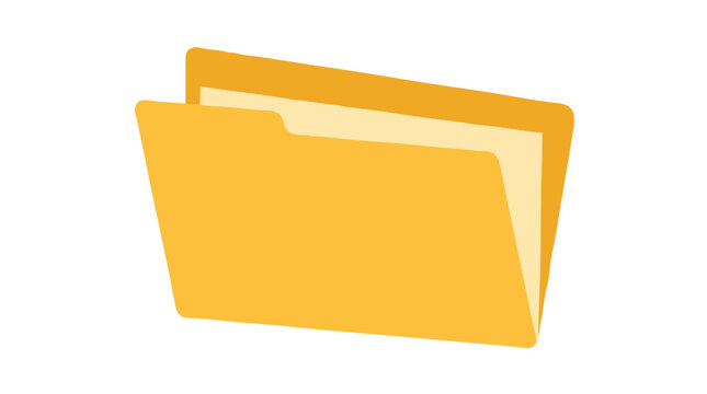 Golden yellow file folder with a pale inner sheet slightly open on a plain white background, flat vector icon about documents, digital files and office storage