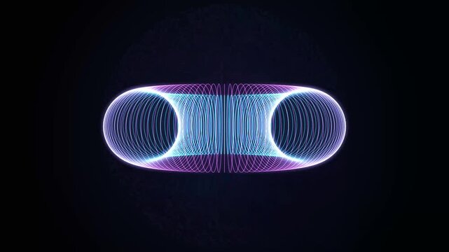Futuristic glowing neon torus spirograph loop animation in cyan and purple line mesh on black background