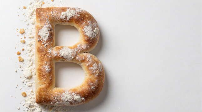 Bakery alphabet typography featuring uppercase letter B shaped from crusty sourdough with flour dusting and scattered scraps