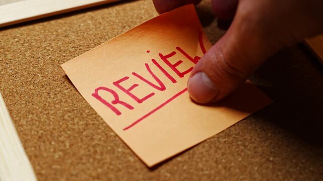 Customer feedback theme: a peach note with an underlined red REVIEW sits diagonally on warm cork beneath a pale wooden frame. Works for product reviews, customer opinions, testimonials, ratings and l