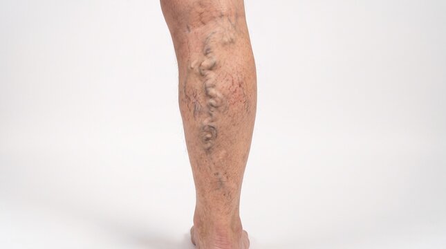 Close-up view of a person's leg showing prominent varicose veins and spider veins on the skin.