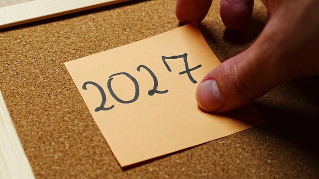 Deadline set for 2027, written by hand on a peach memo pinned to cork inside a light wood frame. A clean visual for long term deadlines, target year, schedule reminders and plans due next year.
