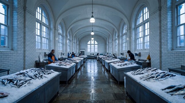 Tiled Fish Market Hall With Ice Covered Stalls and Wet Reflective Floor